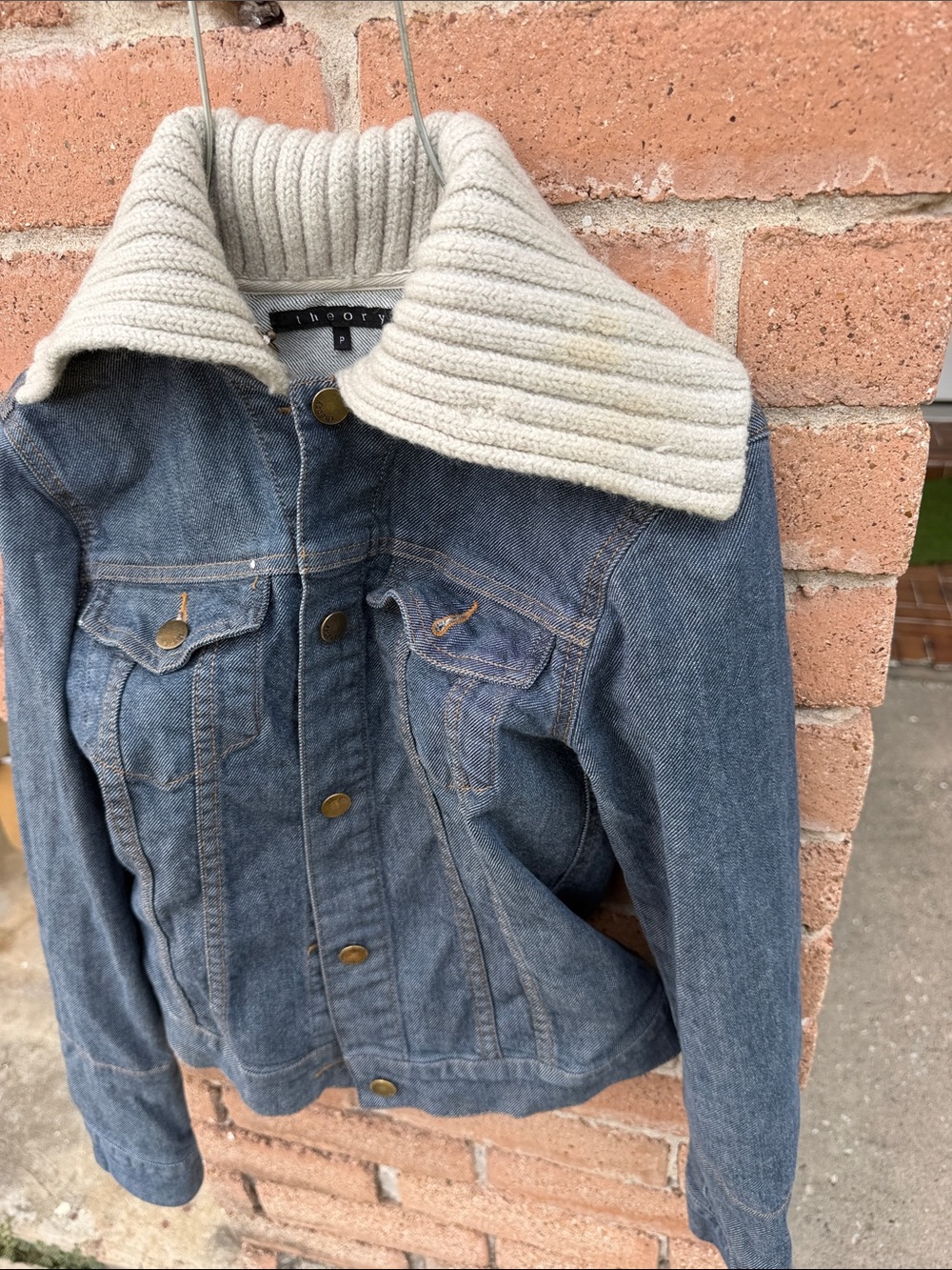 Theory Indigo Denim Jacket with Cream Knit Collar - Picture 5 of 7